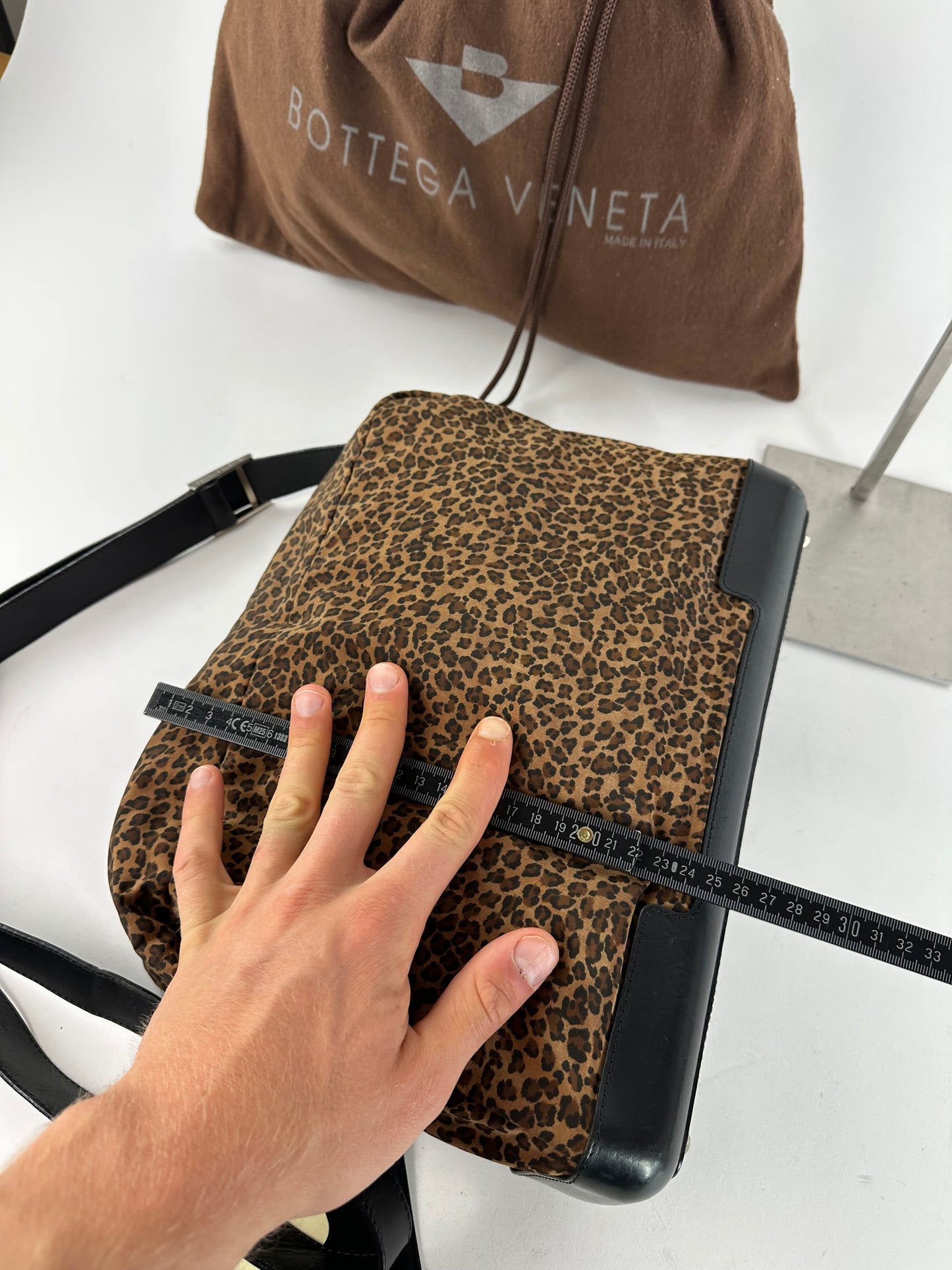 Vintage Bottega Veneta Leopard Suede Shoulder Bag Tan