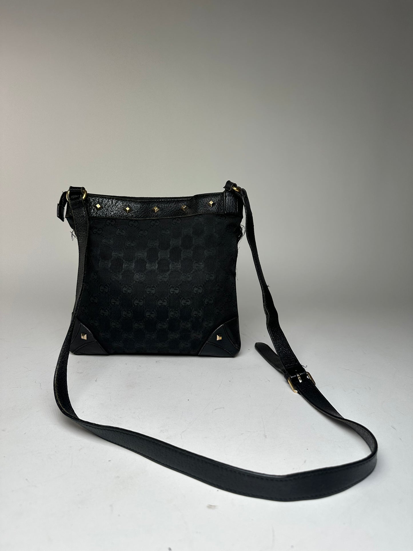 Vintage Gucci Studded Monogram Indy Shoulder / Crossbody Bag Black