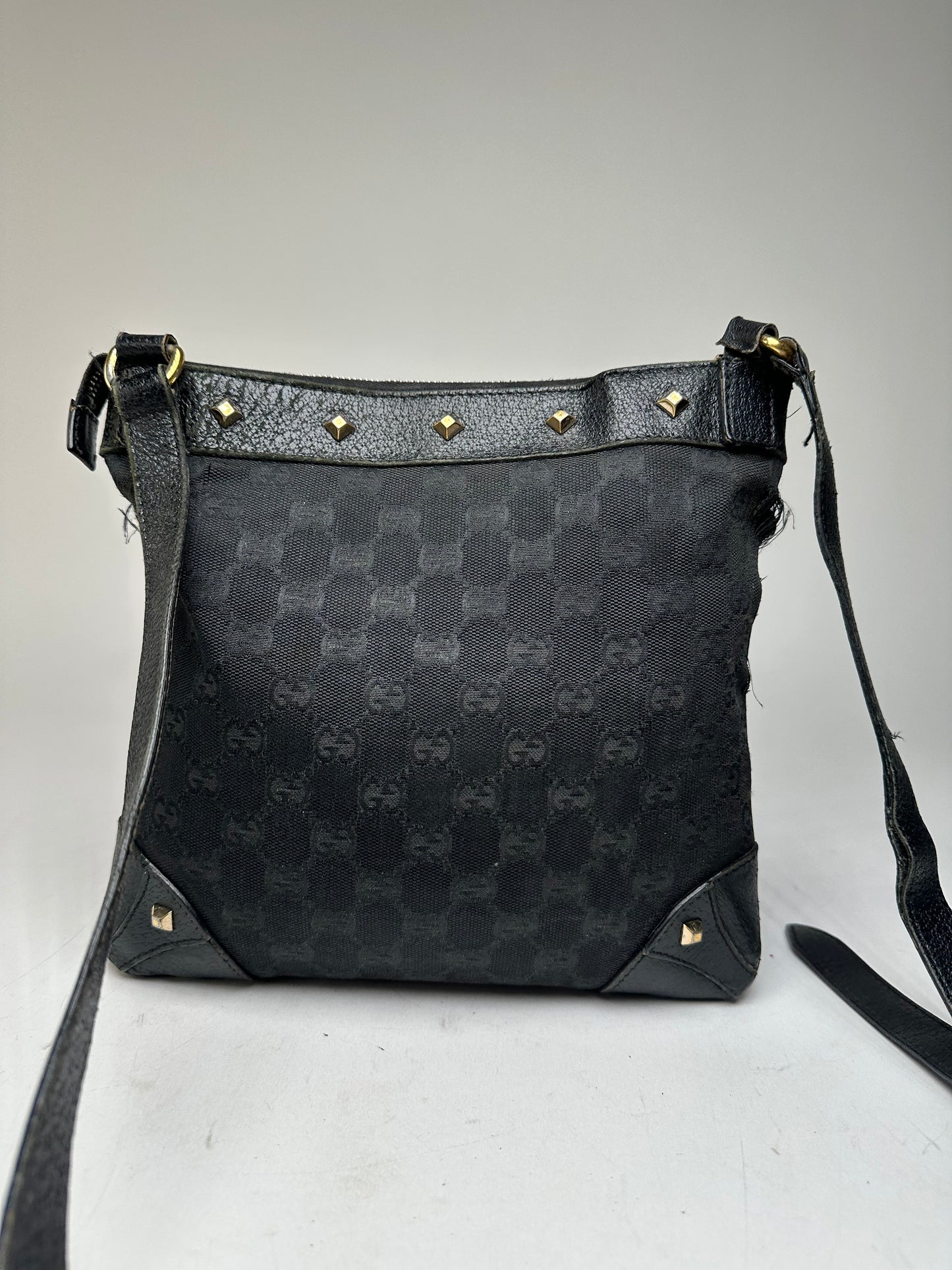 Vintage Gucci Studded Monogram Indy Shoulder / Crossbody Bag Black
