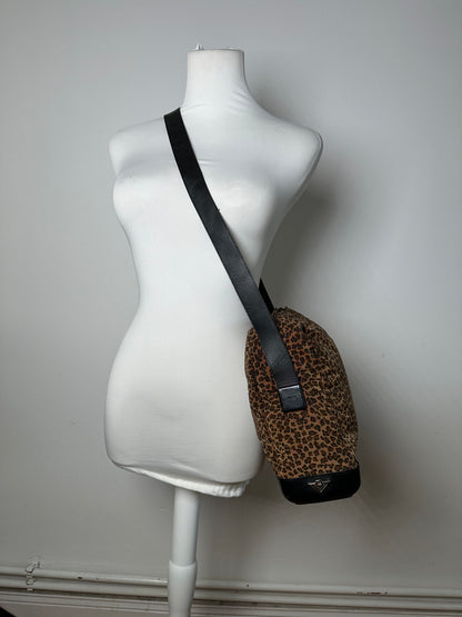 Vintage Bottega Veneta Leopard Suede Shoulder Bag Tan
