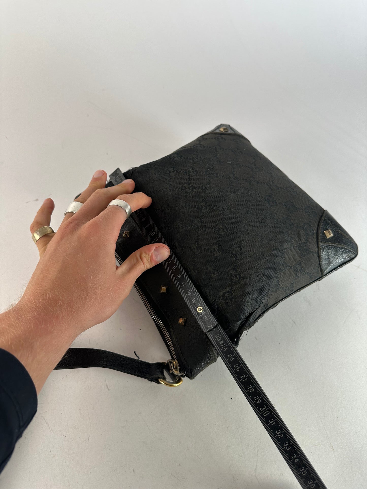 Vintage Gucci Studded Monogram Indy Shoulder / Crossbody Bag Black