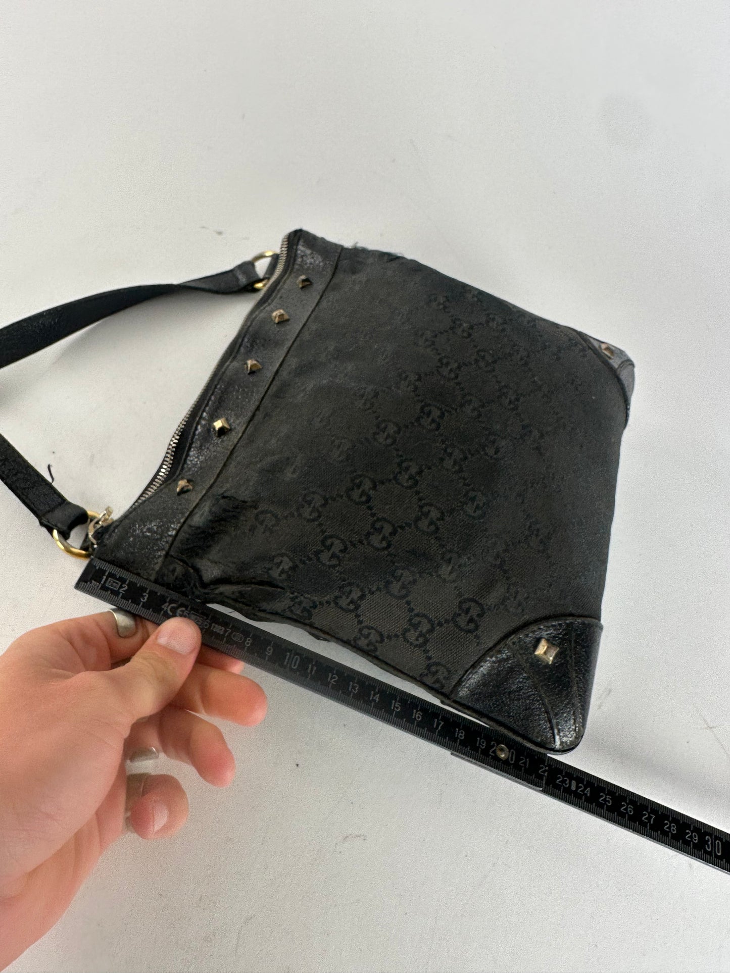 Vintage Gucci Studded Monogram Indy Shoulder / Crossbody Bag Black