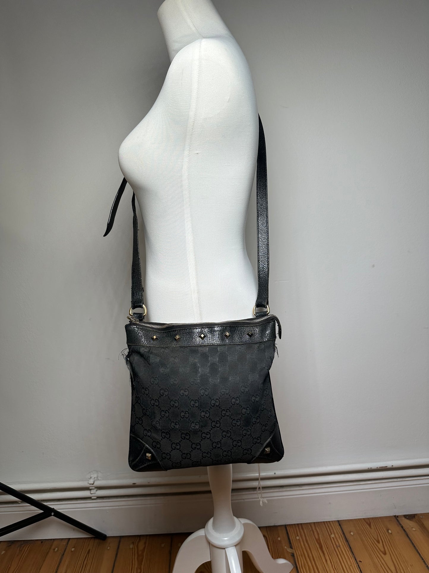 Vintage Gucci Studded Monogram Indy Shoulder / Crossbody Bag Black