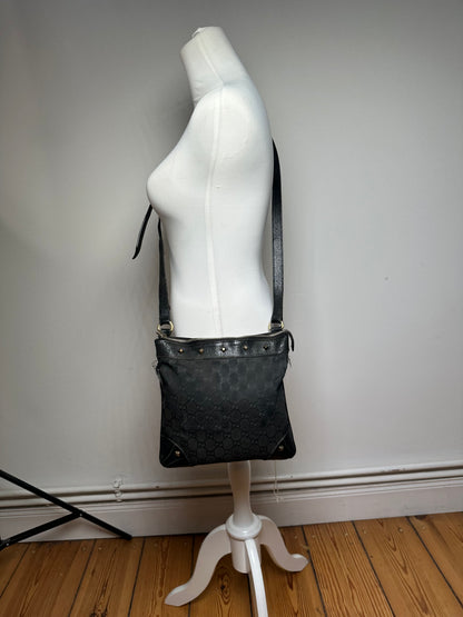Vintage Gucci Studded Monogram Indy Shoulder / Crossbody Bag Black