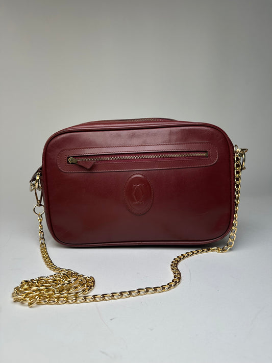 Vintage Cartier Leather Camera Crossbody Bag Bordeaux