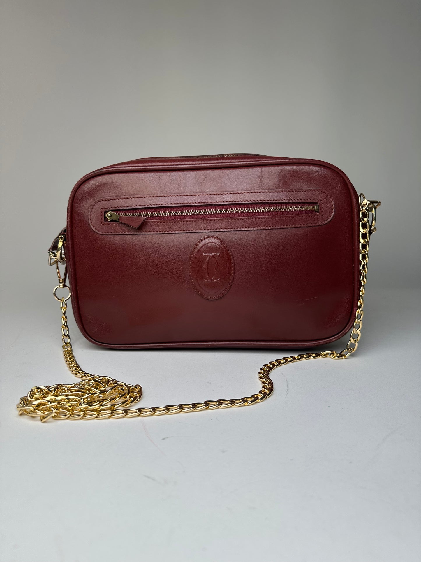 Vintage Cartier Leather Camera Crossbody Bag Bordeaux