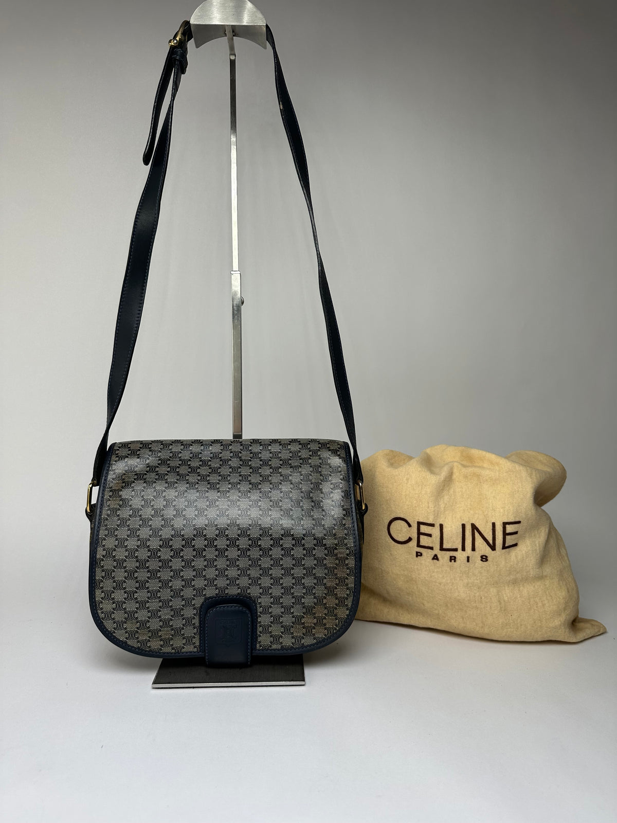 Vintage Celine Monogram Canvas Flap Crossbody Bag Navy Beige