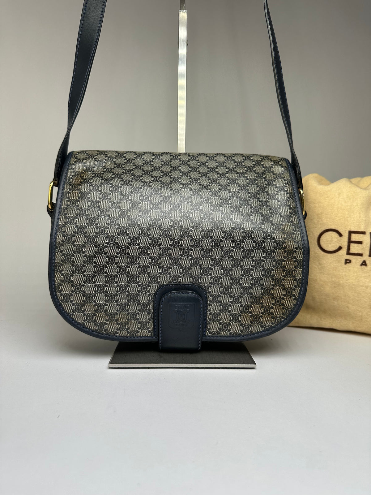 Vintage Celine Monogram Canvas Flap Crossbody Bag Navy Beige