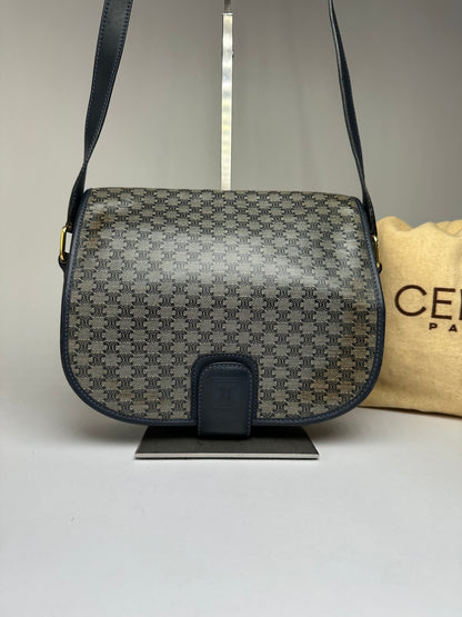 Vintage Celine Monogram Canvas Flap Crossbody Bag Navy Beige
