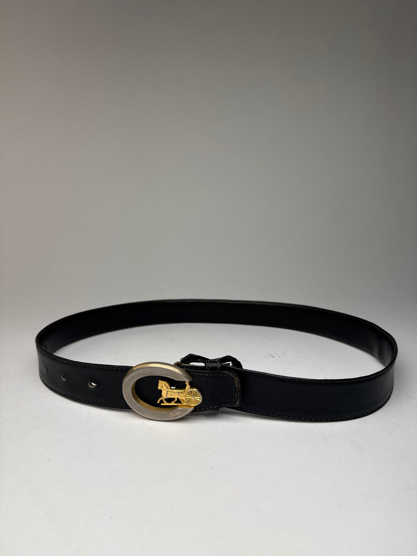 Vintage Celine Paris Carriage Logo Leather Belt Black