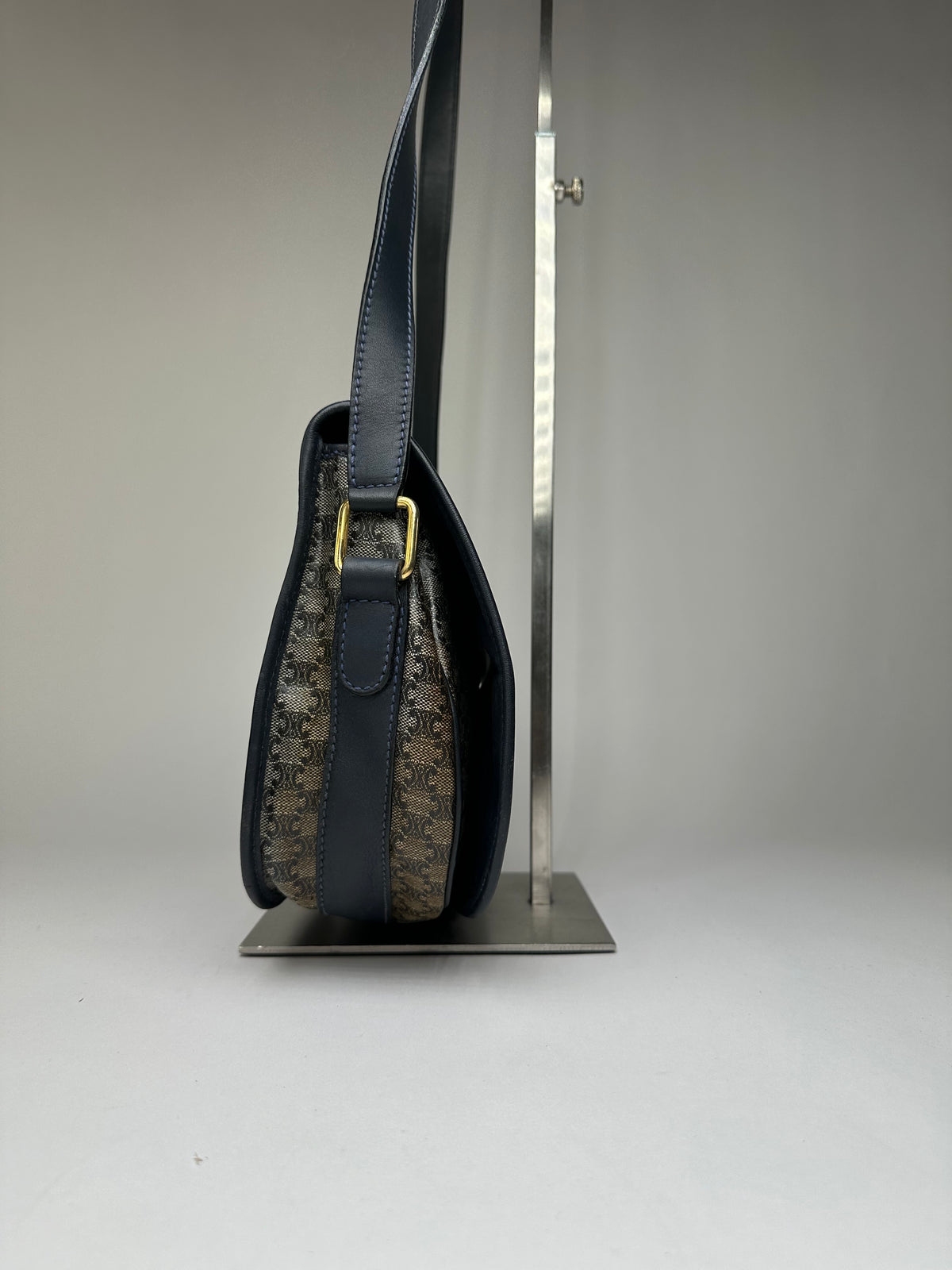 Vintage Celine Monogram Canvas Flap Crossbody Bag Navy Beige