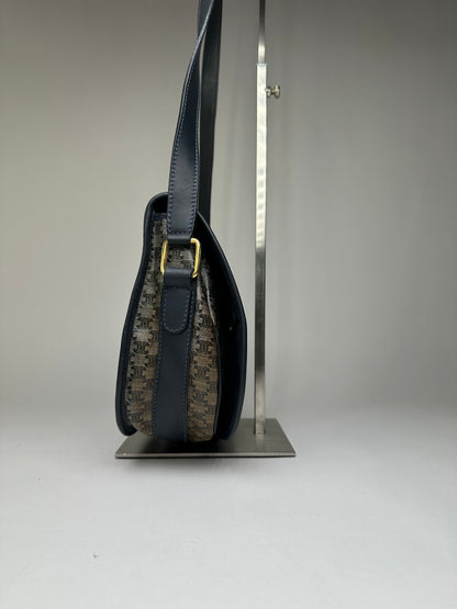 Vintage Celine Monogram Canvas Flap Crossbody Bag Navy Beige