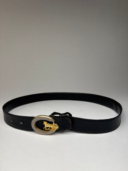 Vintage Celine Paris Carriage Logo Leather Belt Black