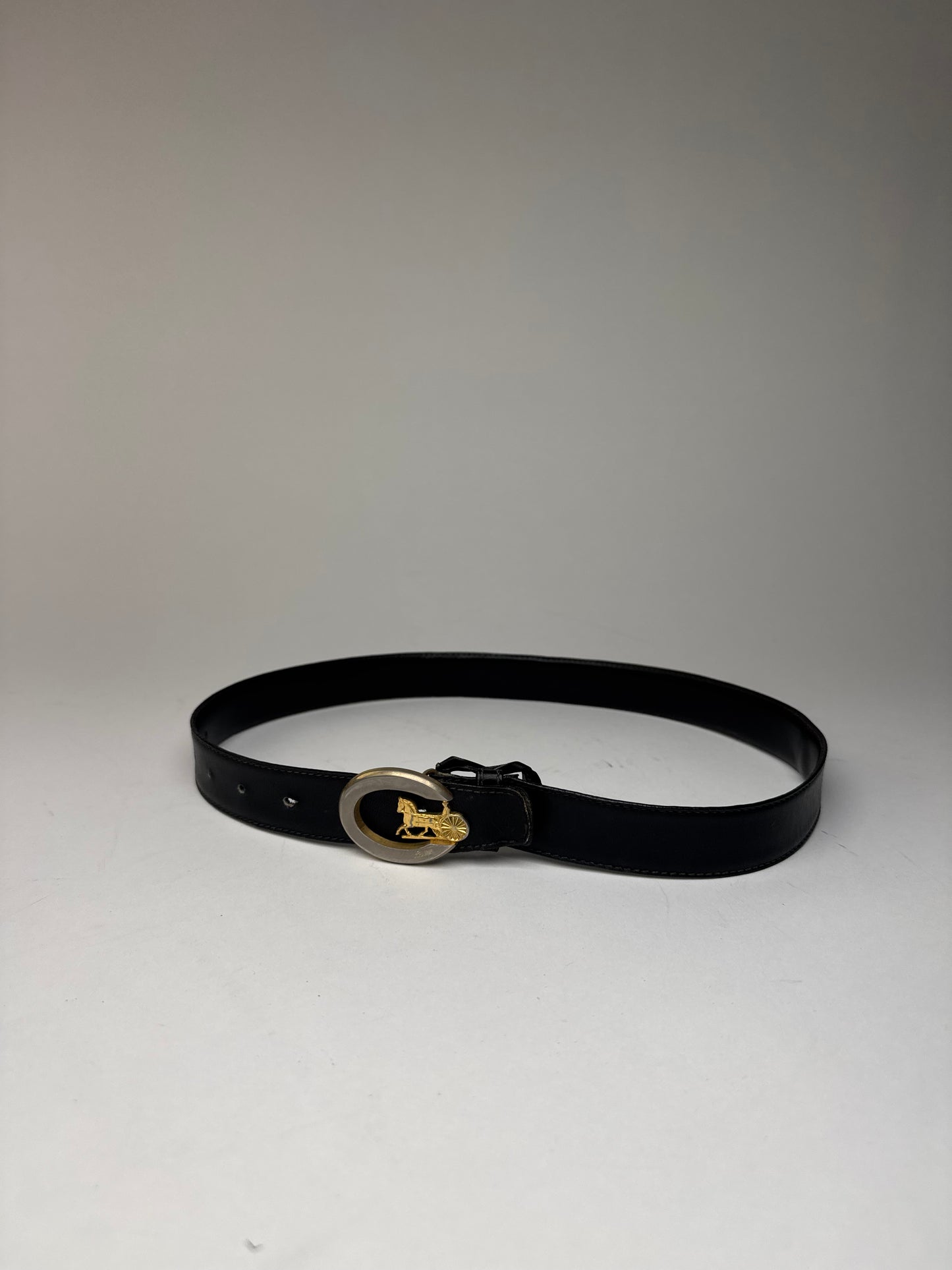 Vintage Celine Paris Carriage Logo Leather Belt Black