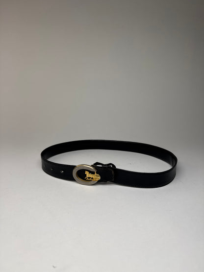 Vintage Celine Paris Carriage Logo Leather Belt Black