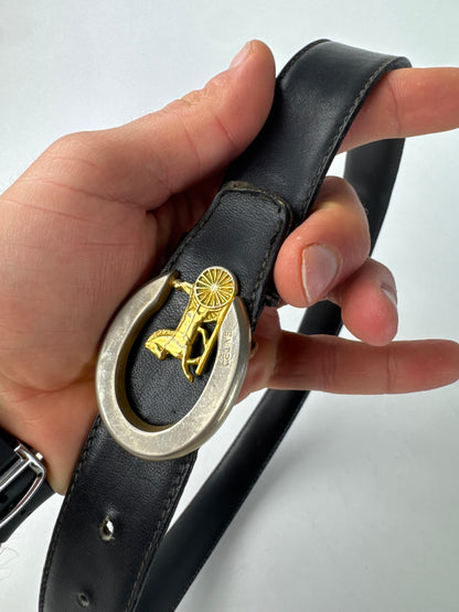 Vintage Celine Paris Carriage Logo Leather Belt Black