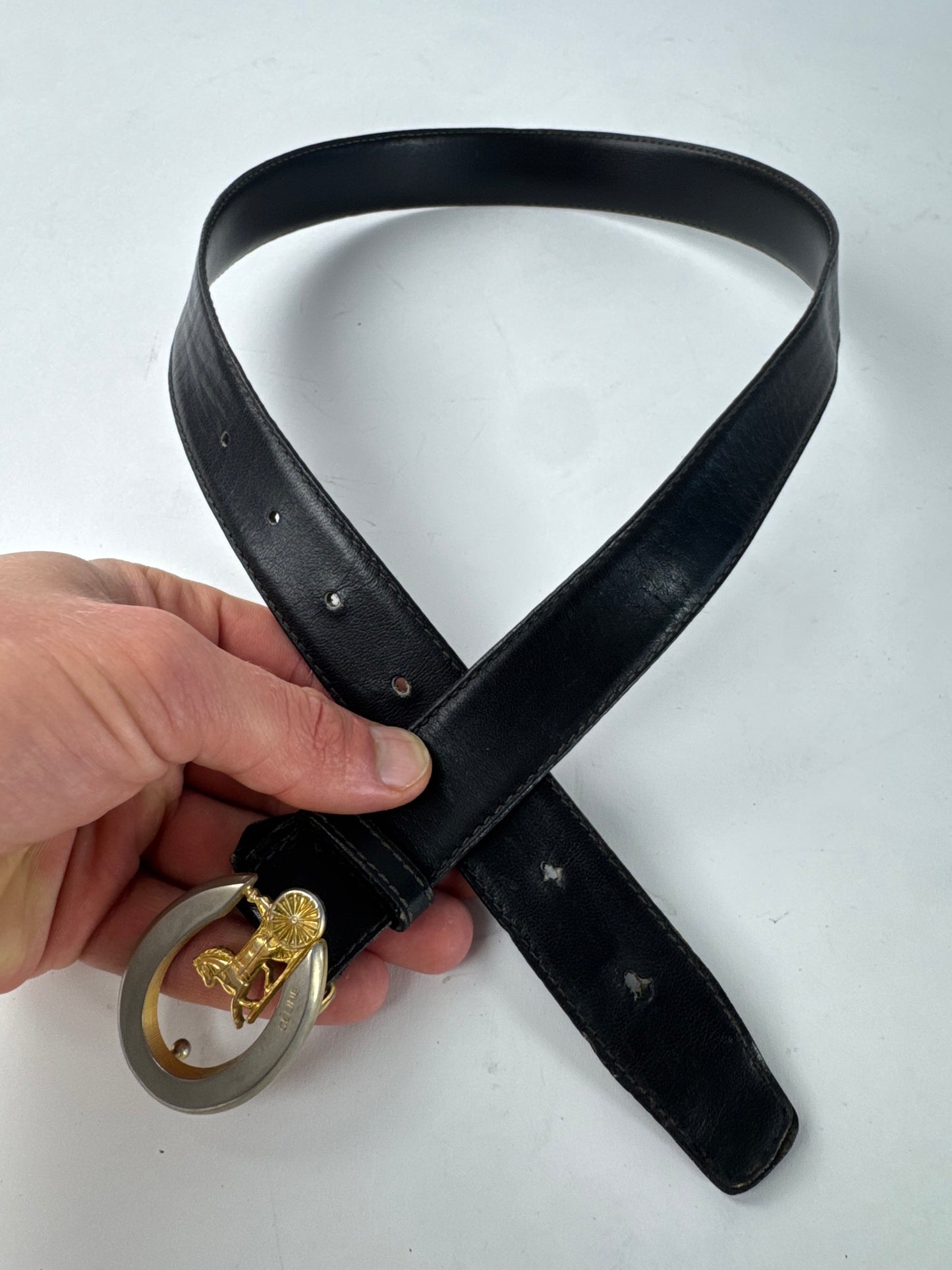 Vintage Celine Paris Carriage Logo Leather Belt Black