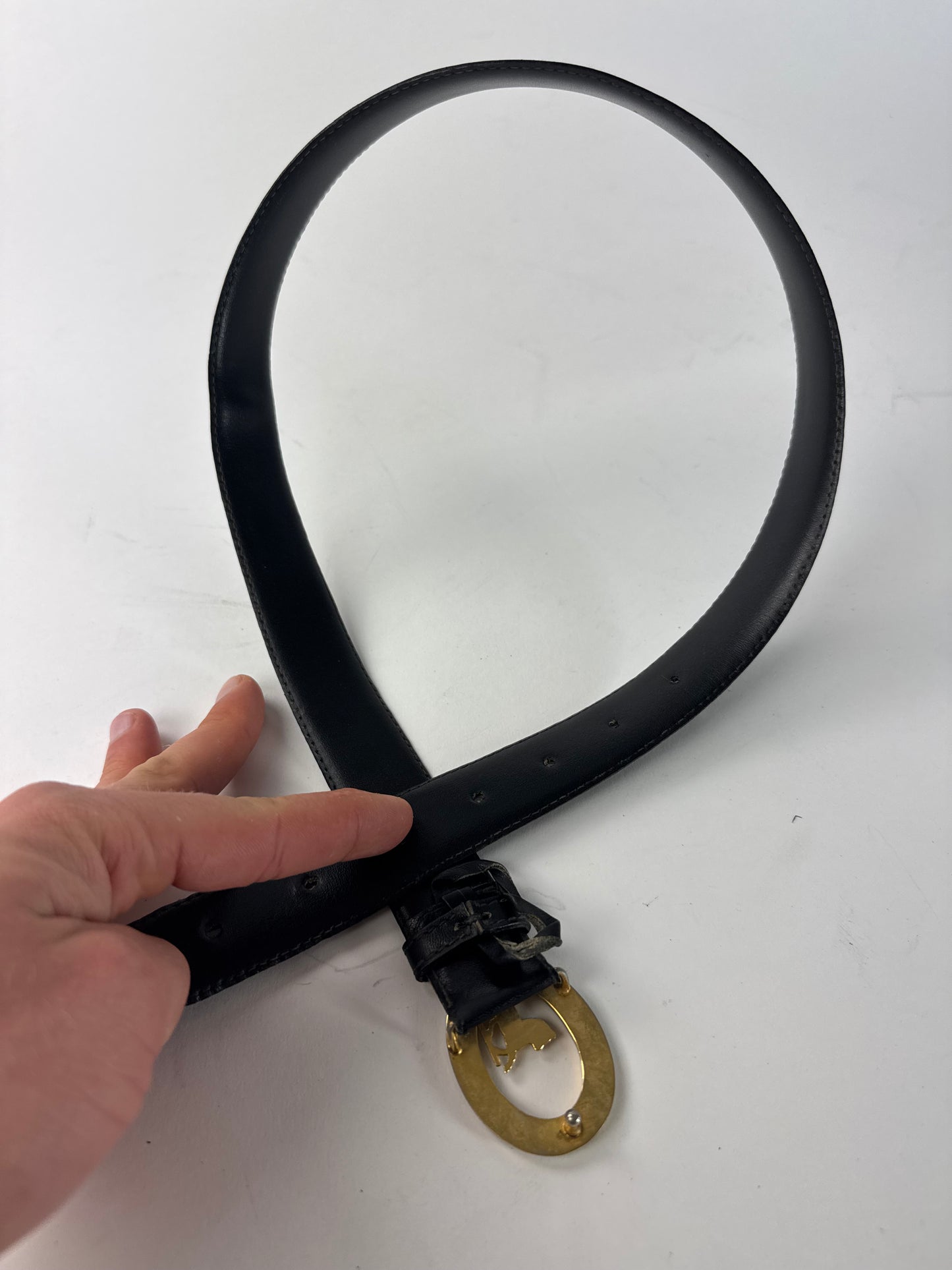 Vintage Celine Paris Carriage Logo Leather Belt Black