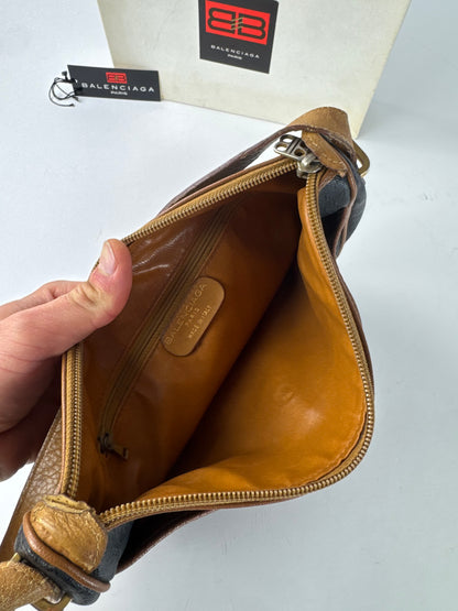 Vintage Balenciaga B Monogram Leather Shoulder Bag Black Brown