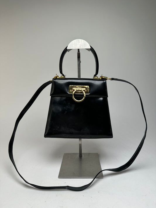 Vintage Salvatore Ferragamo 2Way Patent Leather Handbag Black
