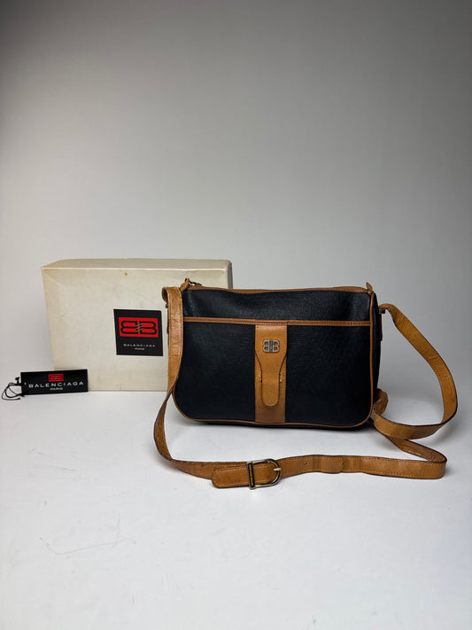 Vintage Balenciaga B Monogram Leather Shoulder Bag Black Brown