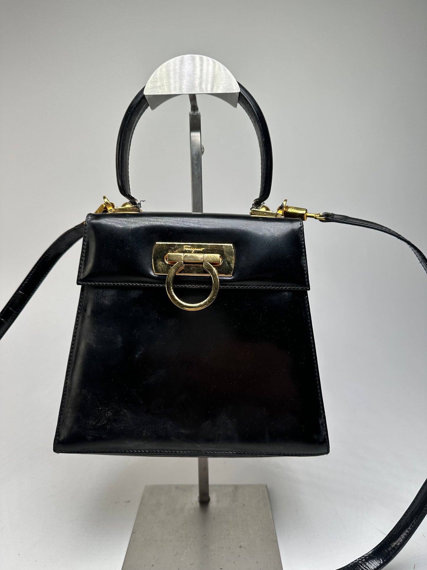 Vintage Salvatore Ferragamo 2Way Patent Leather Handbag Black