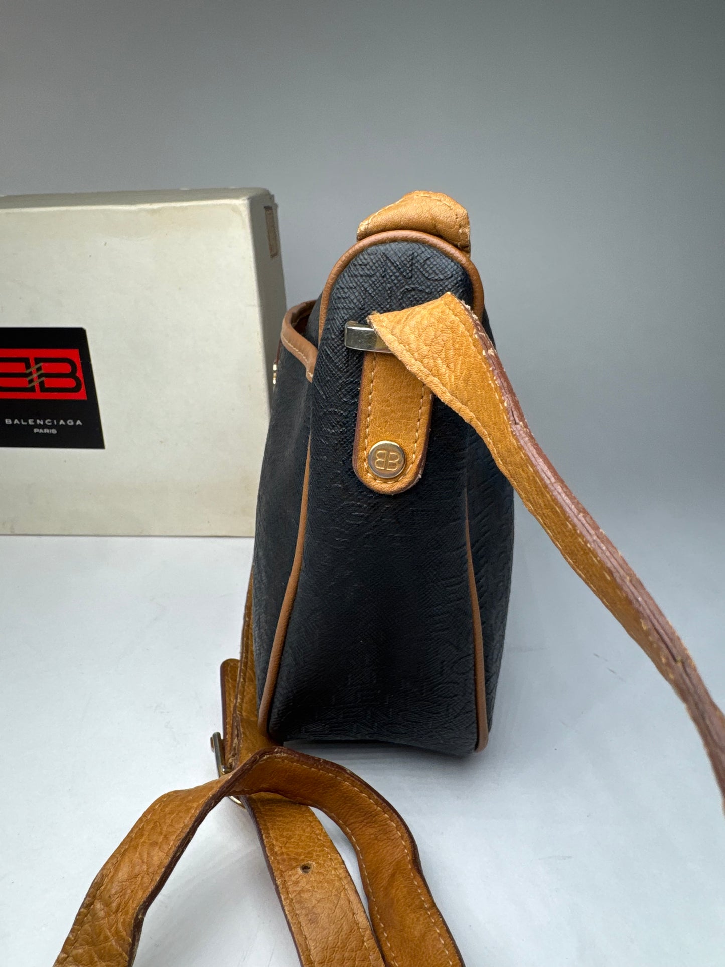 Vintage Balenciaga B Monogram Leather Shoulder Bag Black Brown