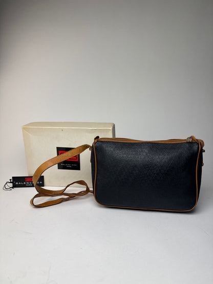 Vintage Balenciaga B Monogram Leather Shoulder Bag Black Brown