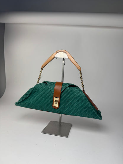 Sac à main vintage Giorgio Armani en cuir, laine et bois, vert, marron et doré