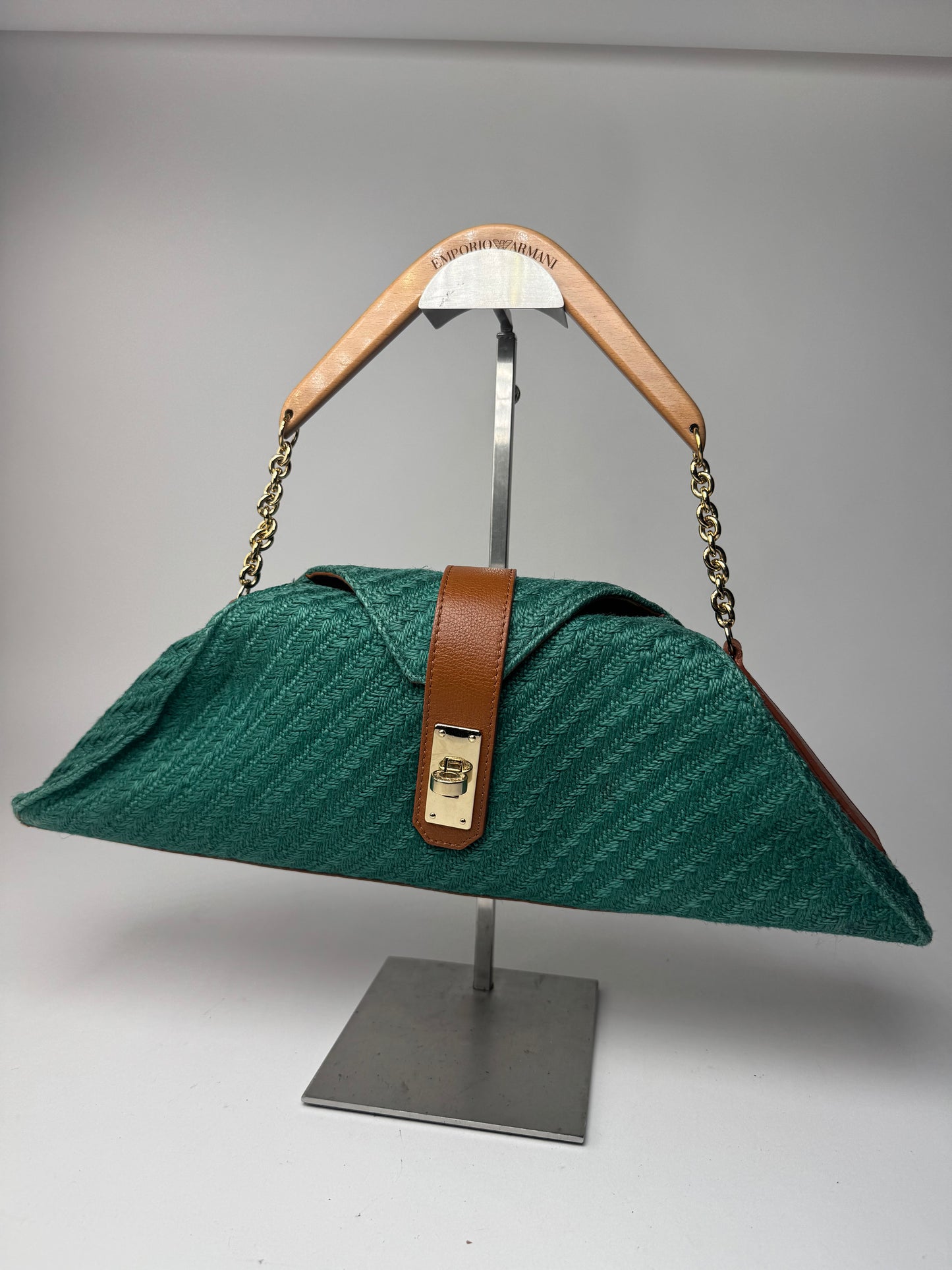 Sac à main vintage Giorgio Armani en cuir, laine et bois, vert, marron et doré