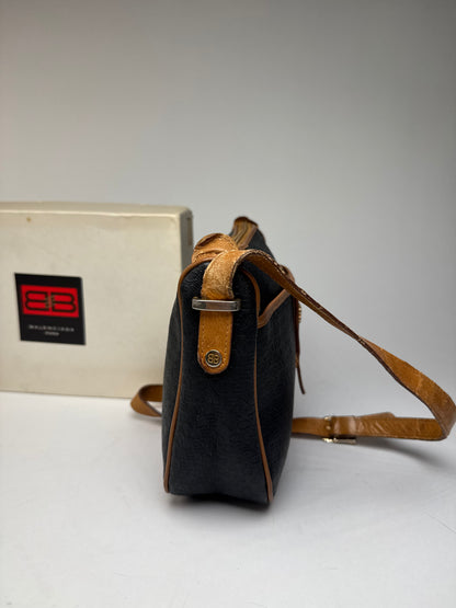 Vintage Balenciaga B Monogram Leather Shoulder Bag Black Brown