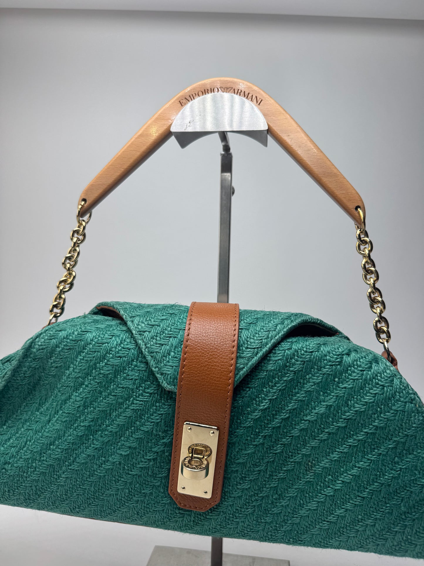Sac à main vintage Giorgio Armani en cuir, laine et bois, vert, marron et doré