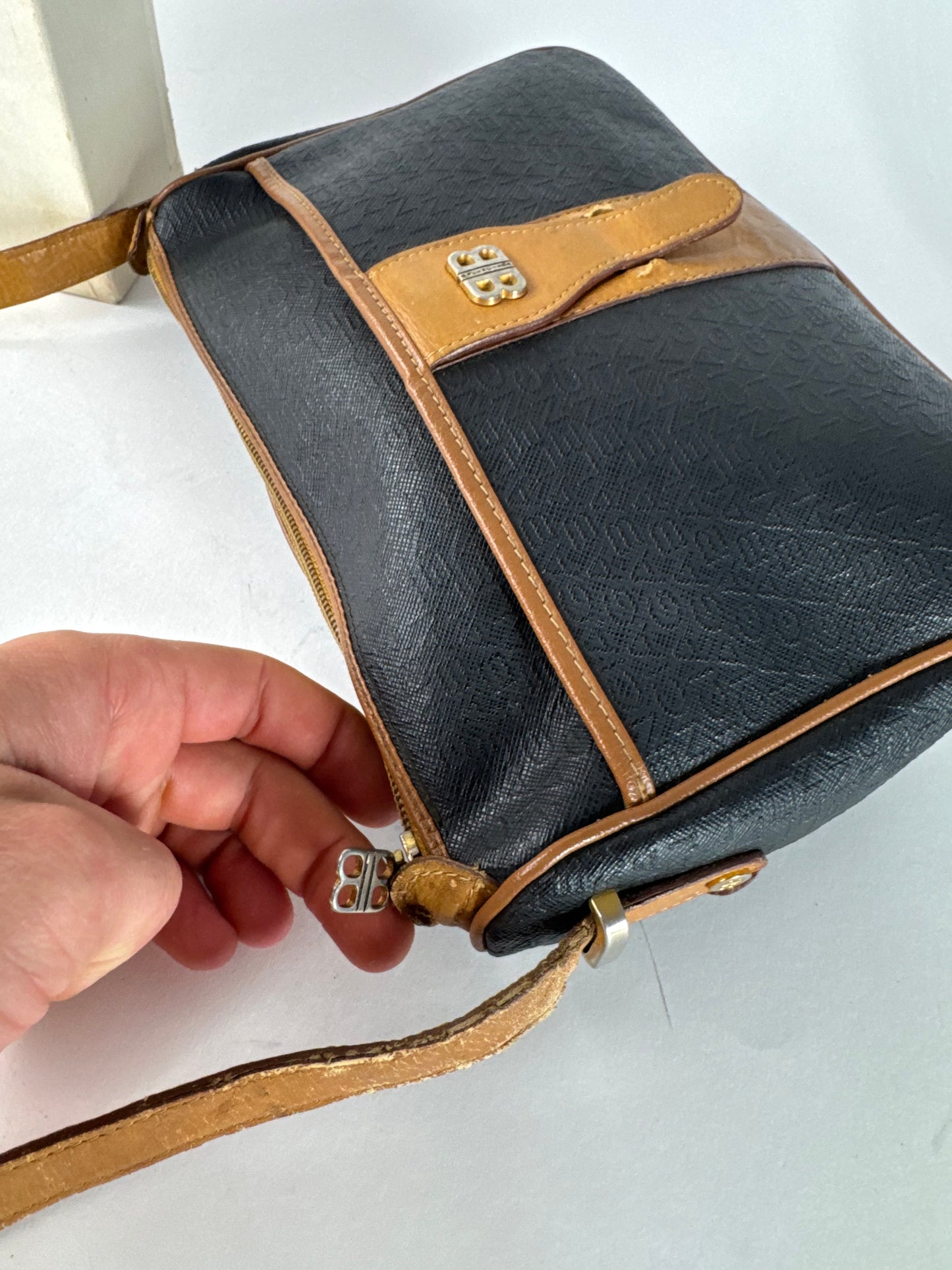 Vintage Balenciaga B Monogram Leather Shoulder Bag Black Brown