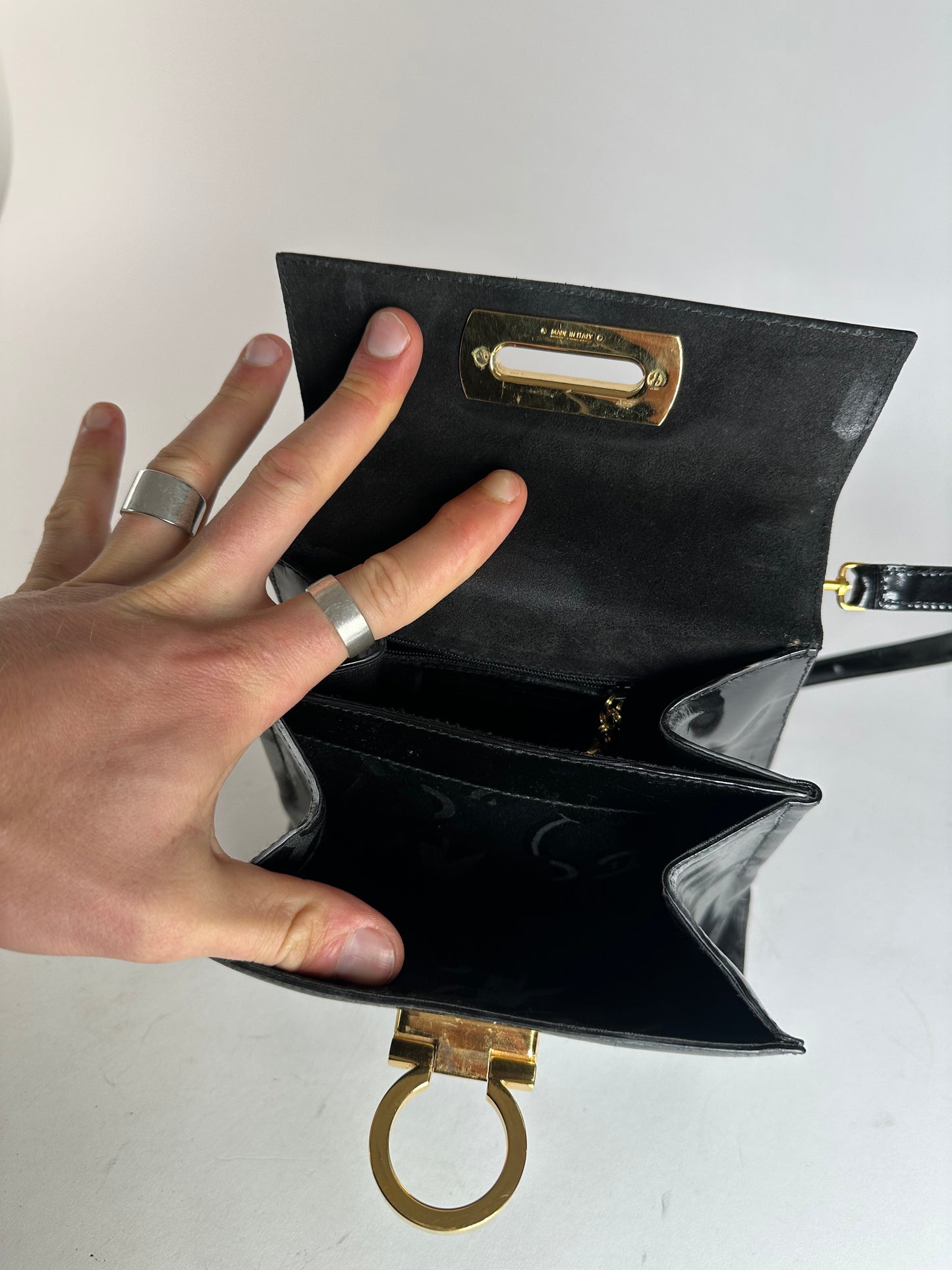 Vintage Salvatore Ferragamo 2Way Patent Leather Handbag Black