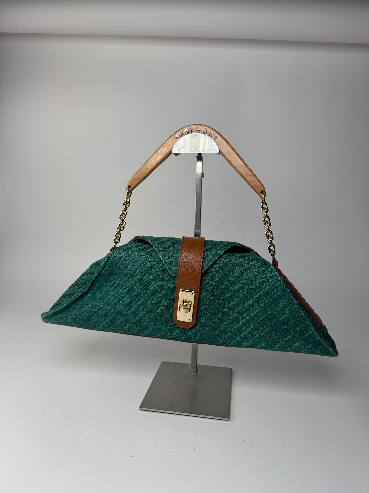 Sac à main vintage Giorgio Armani en cuir, laine et bois, vert, marron et doré