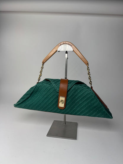 Sac à main vintage Giorgio Armani en cuir, laine et bois, vert, marron et doré