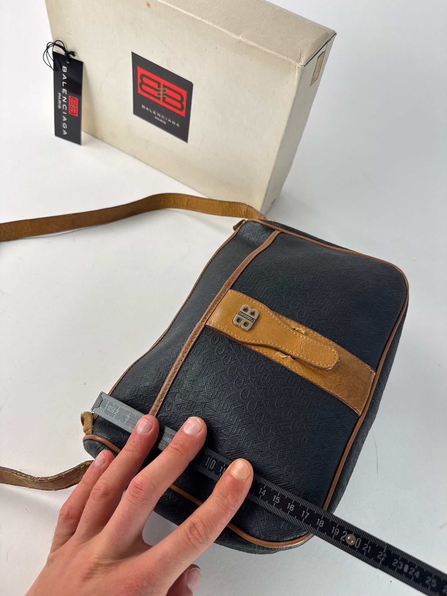 Vintage Balenciaga B Monogram Leather Shoulder Bag Black Brown