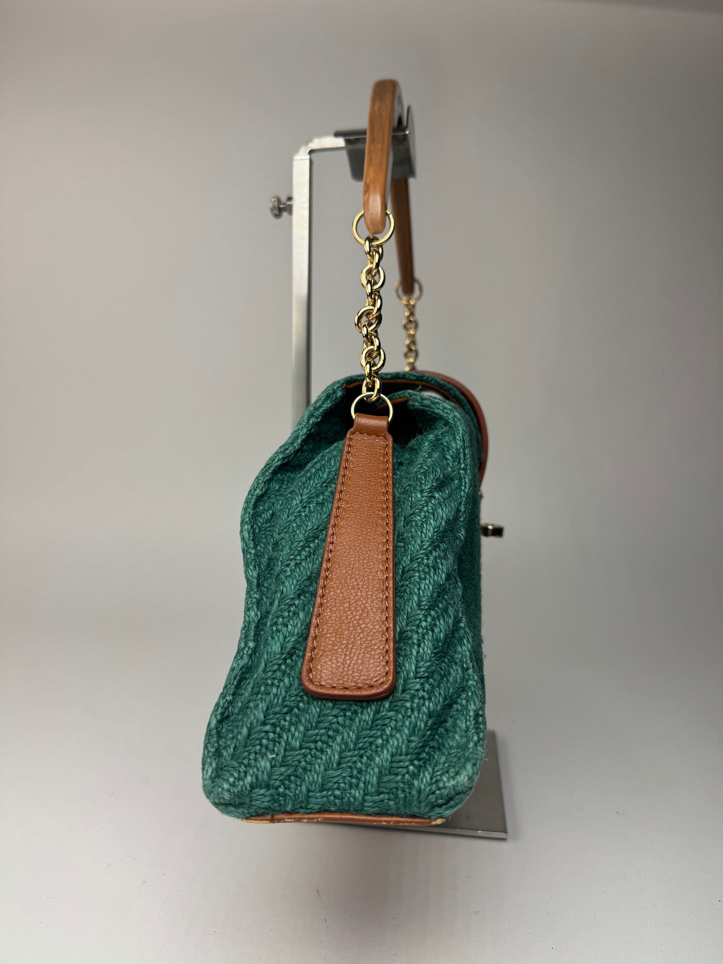 Sac à main vintage Giorgio Armani en cuir, laine et bois, vert, marron et doré
