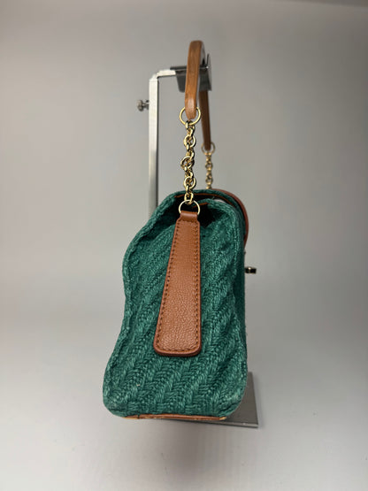 Sac à main vintage Giorgio Armani en cuir, laine et bois, vert, marron et doré