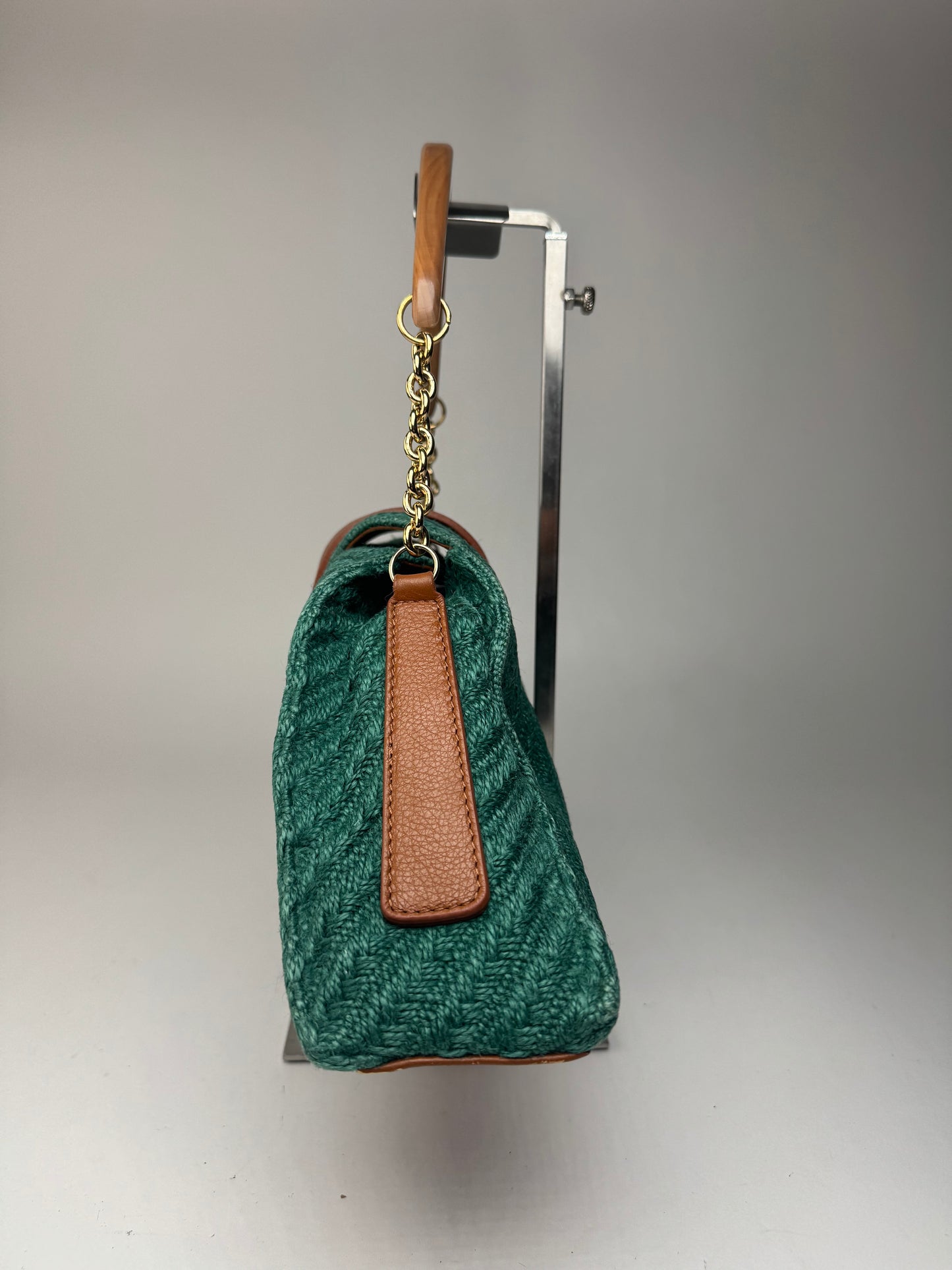 Sac à main vintage Giorgio Armani en cuir, laine et bois, vert, marron et doré