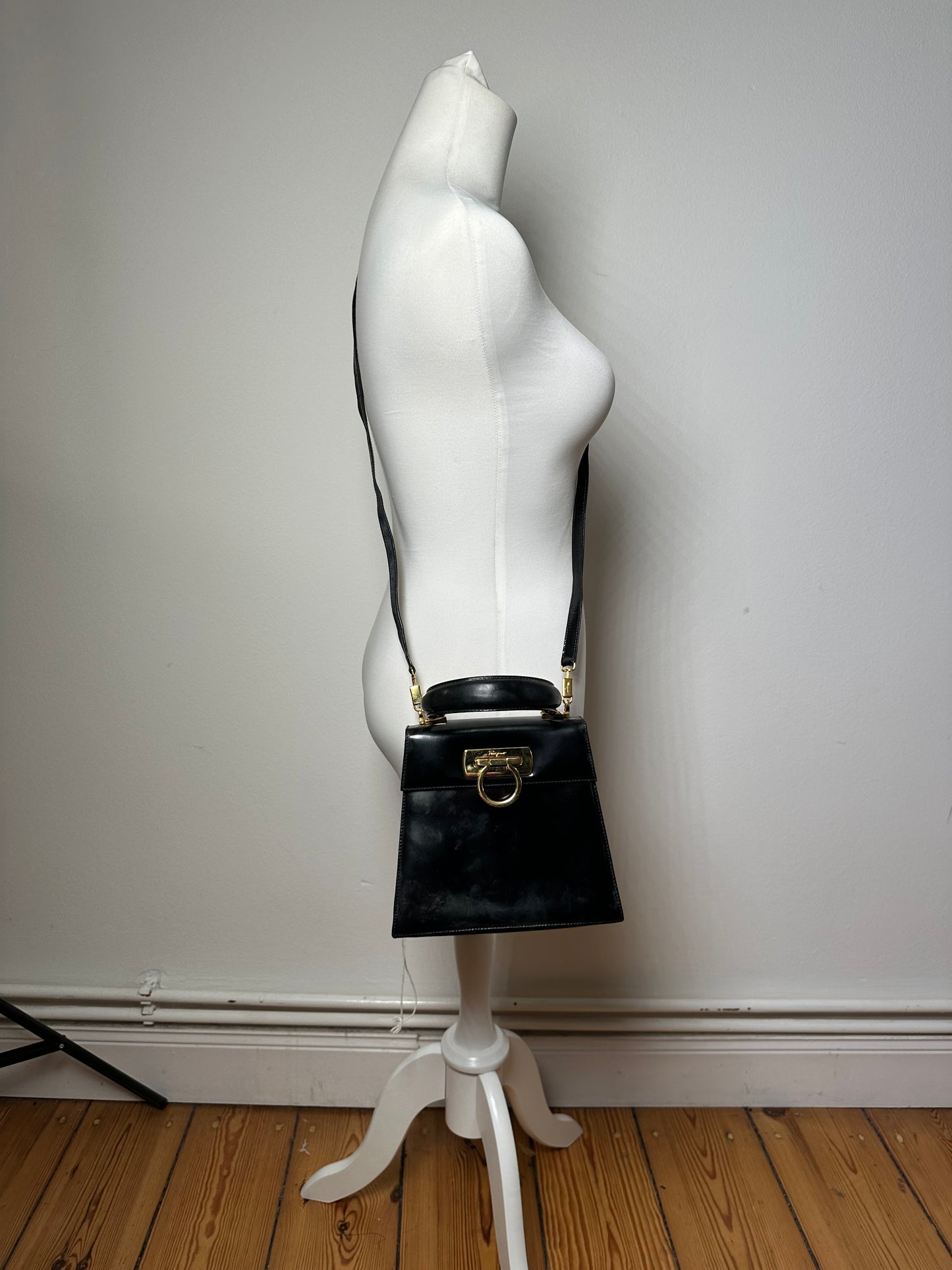 Vintage Salvatore Ferragamo 2Way Patent Leather Handbag Black