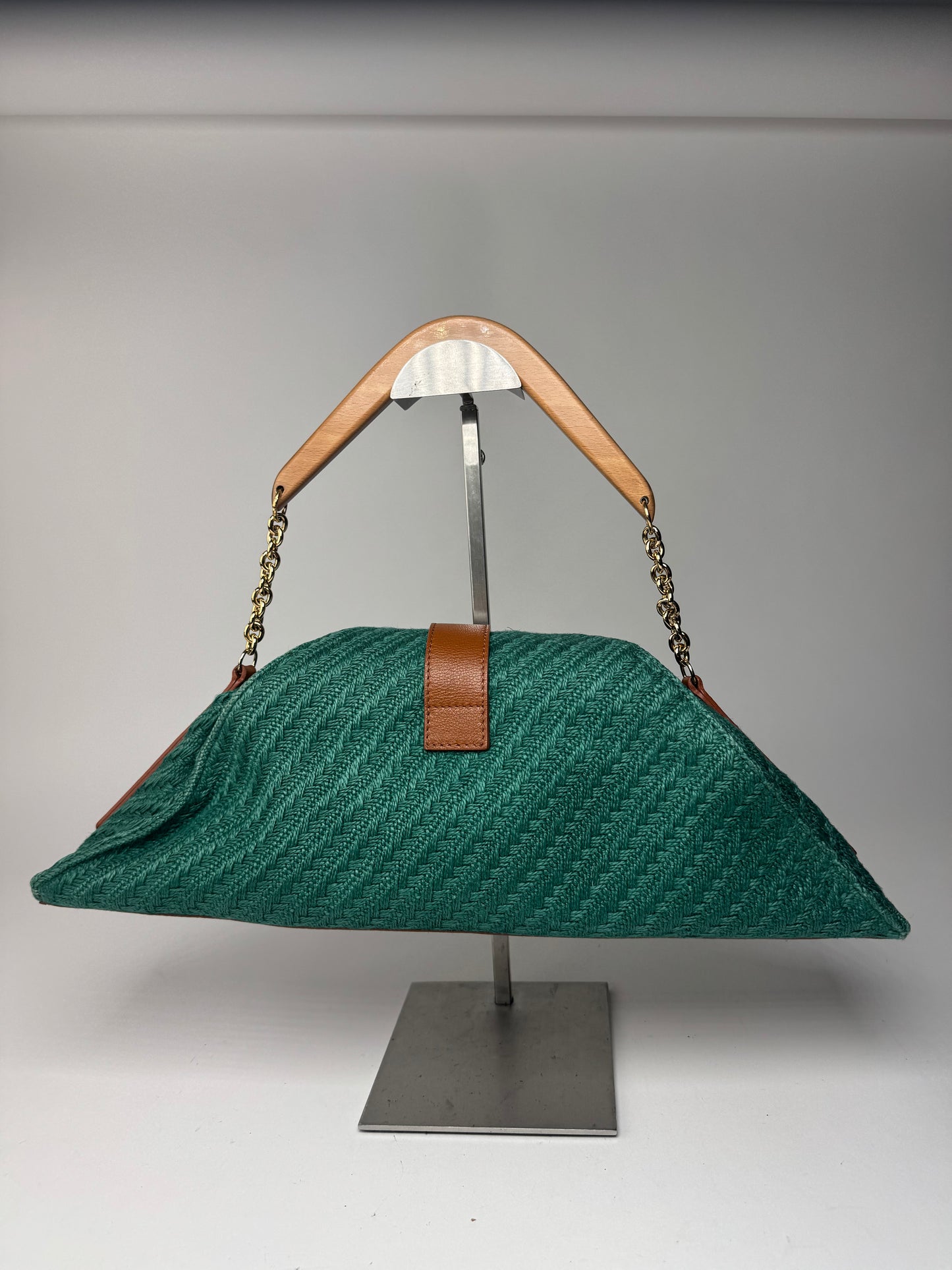 Sac à main vintage Giorgio Armani en cuir, laine et bois, vert, marron et doré