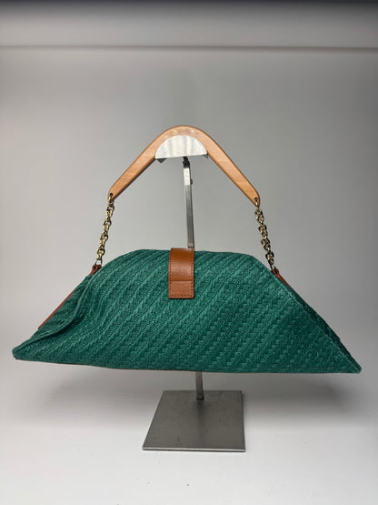 Sac à main vintage Giorgio Armani en cuir, laine et bois, vert, marron et doré