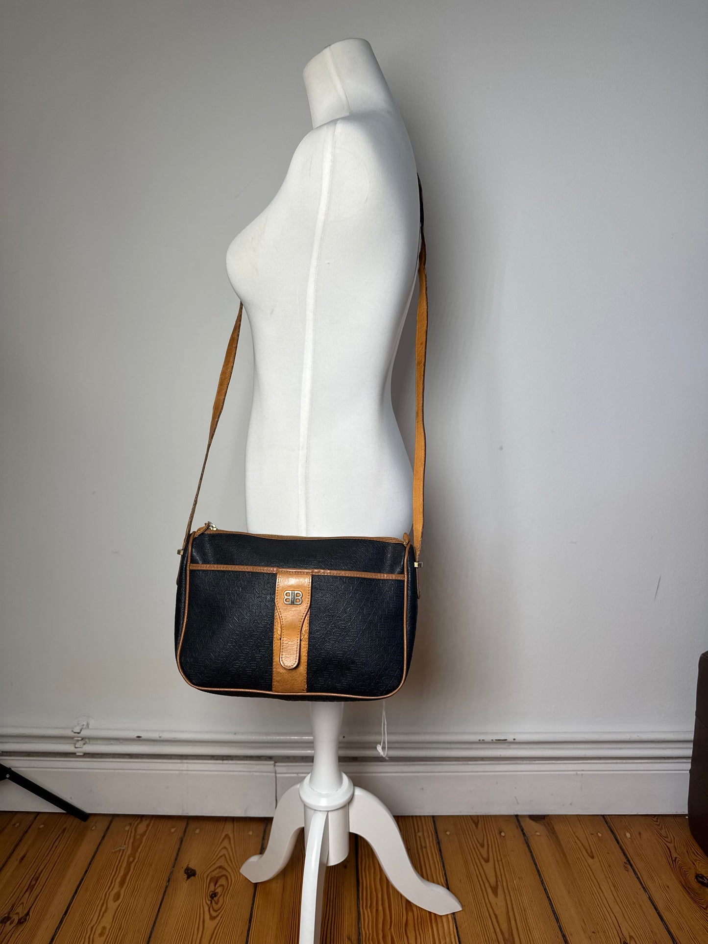 Vintage Balenciaga B Monogram Leather Shoulder Bag Black Brown