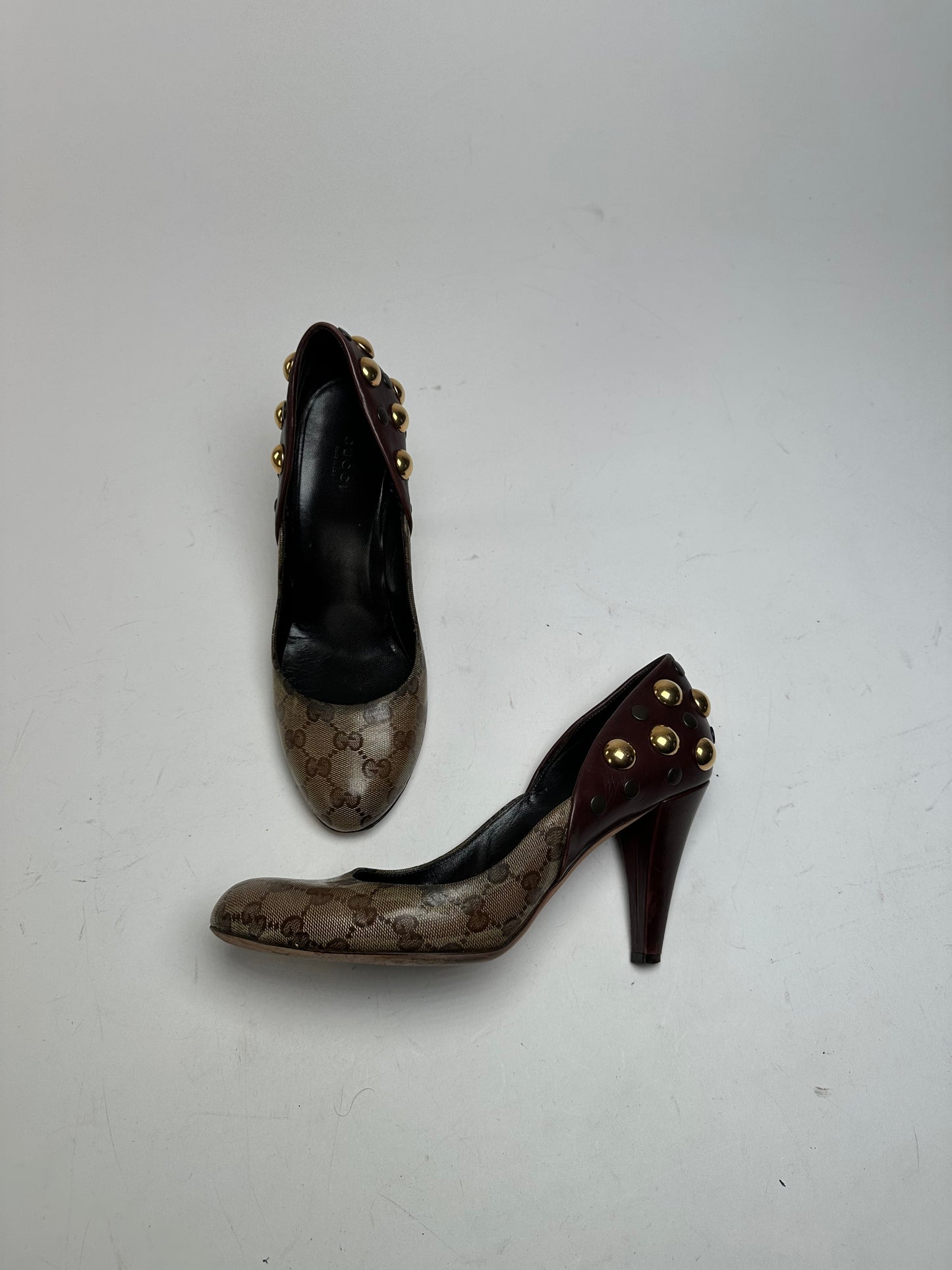 Vintage Gucci Studded Monogram Leather Pumps Beige Brown EU40