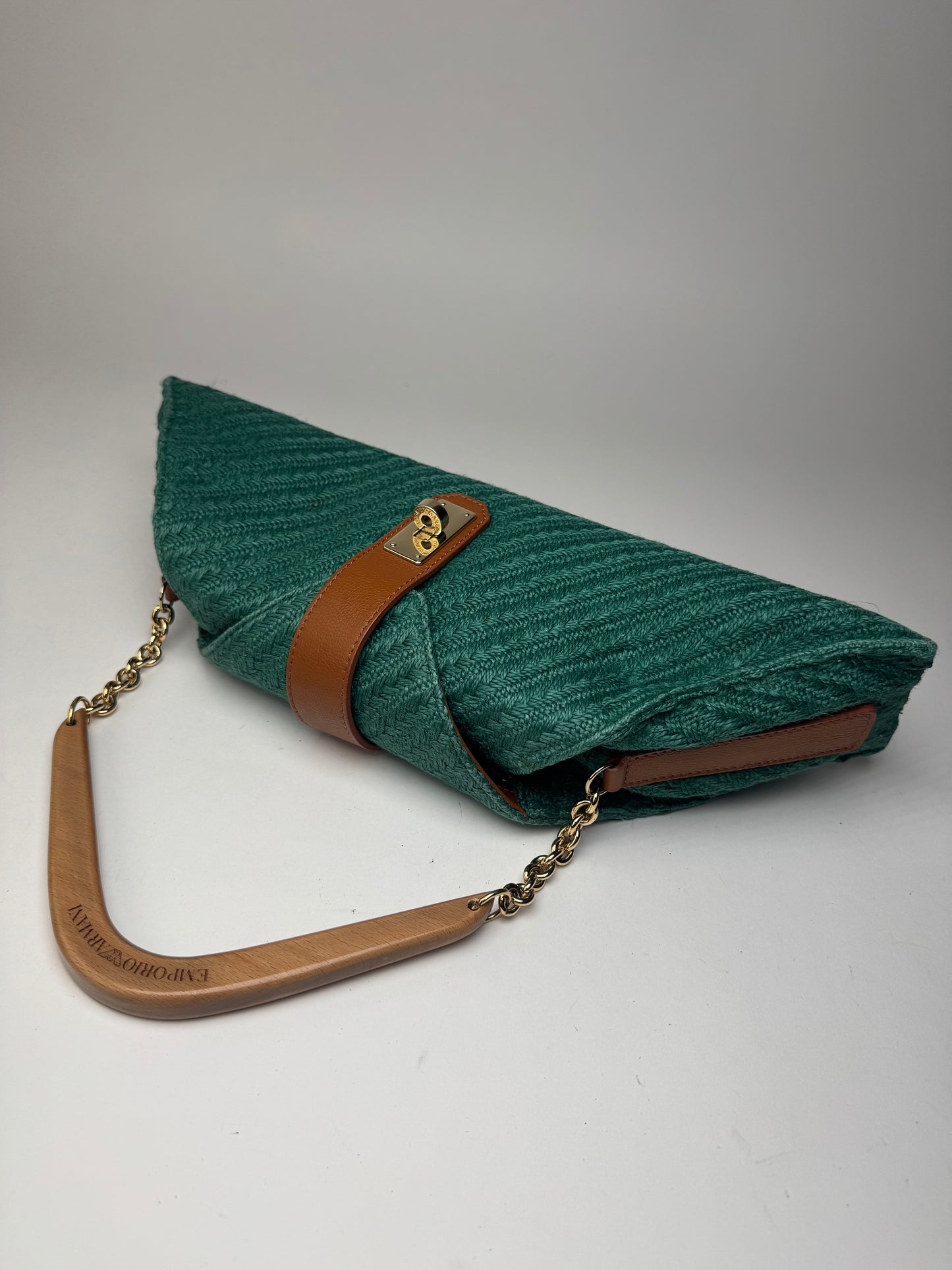 Sac à main vintage Giorgio Armani en cuir, laine et bois, vert, marron et doré