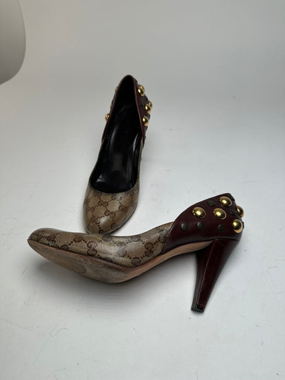Vintage Gucci Studded Monogram Leather Pumps Beige Brown EU40