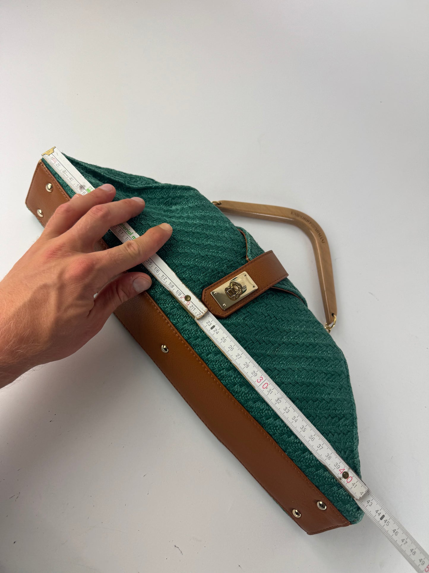 Sac à main vintage Giorgio Armani en cuir, laine et bois, vert, marron et doré