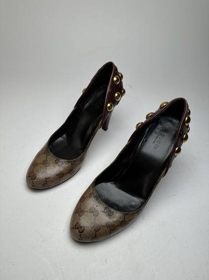 Vintage Gucci Studded Monogram Leather Pumps Beige Brown EU40