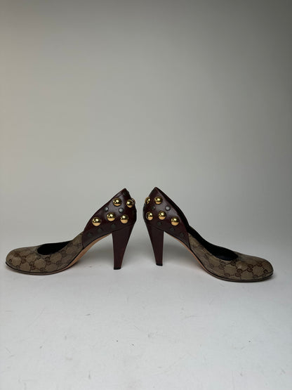 Vintage Gucci Studded Monogram Leather Pumps Beige Brown EU40